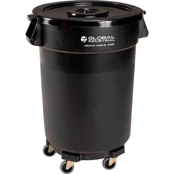 Global Industrial Plastic Trash Can with Lid & Dolly, 32 Gallon Black 240460BKB - main